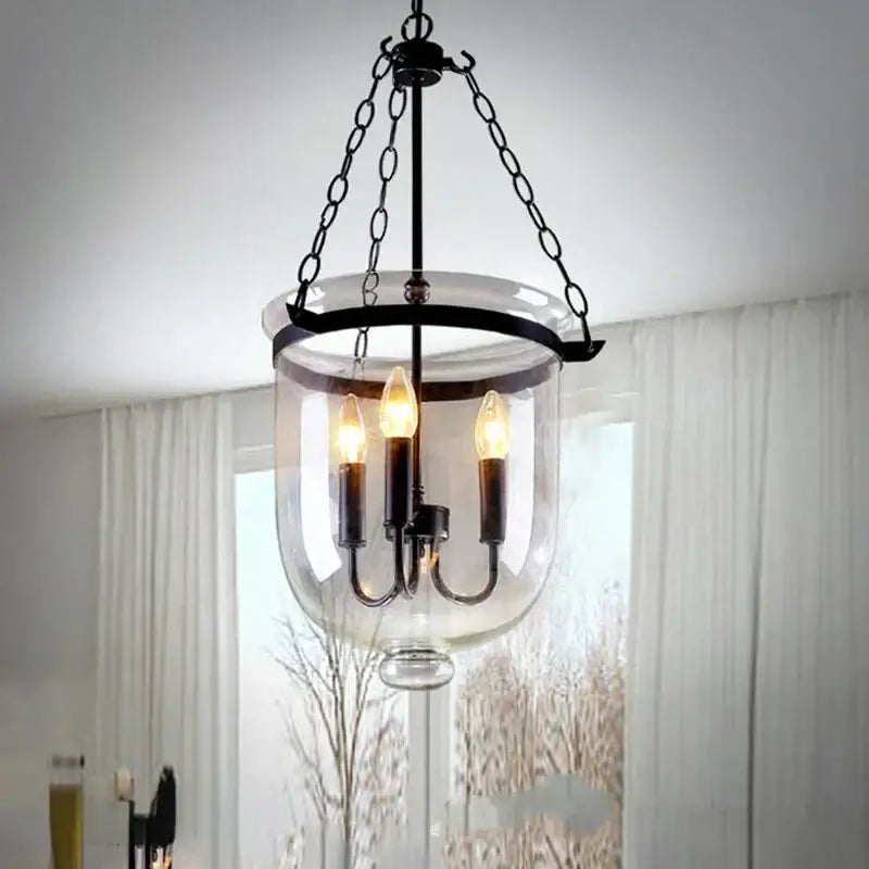 Black wrought iron retro dark bronze glass bucket pendant light with clear dome and three lit candle-style bulbs for dining room decorbites glass bucket pendant