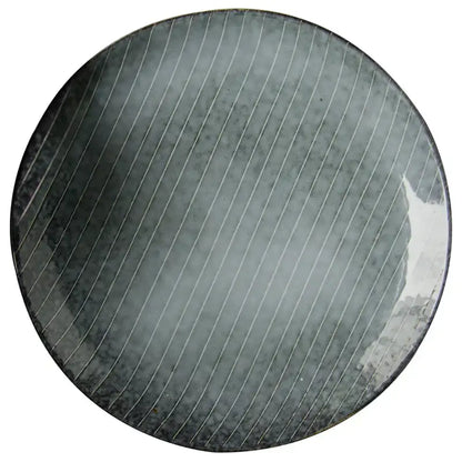 Retro dark gray speckled ceramic dinner plate with matte finish and diagonal ridges from decorbites ceramic dinner collection