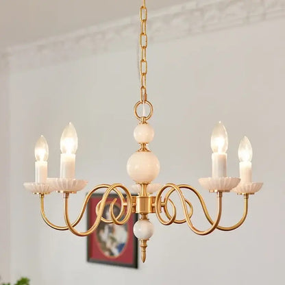 Gold-toned decorbites cream white led chandelier with ornate arms white marble spheres and candle-style bulbs for dining room