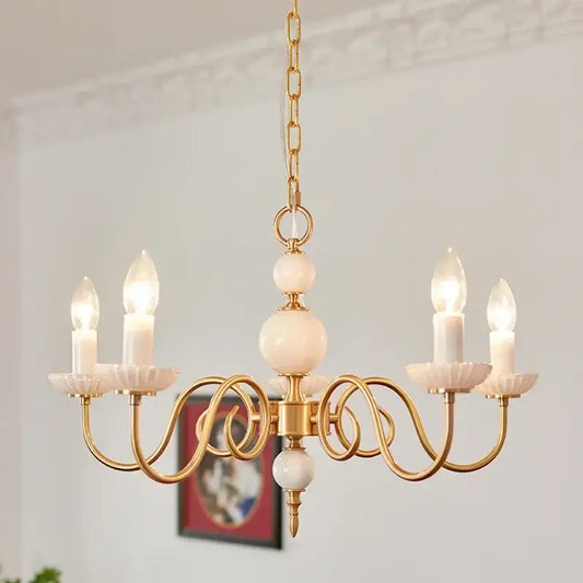 Gold-toned decorbites cream white led chandelier with ornate arms white marble spheres and candle-style bulbs for dining room