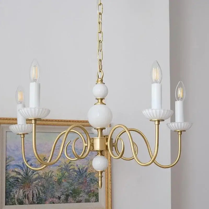 Gold-toned retro decorbites cream white led chandelier with white opaline glass spheres and fluted candle holders for dining rooms