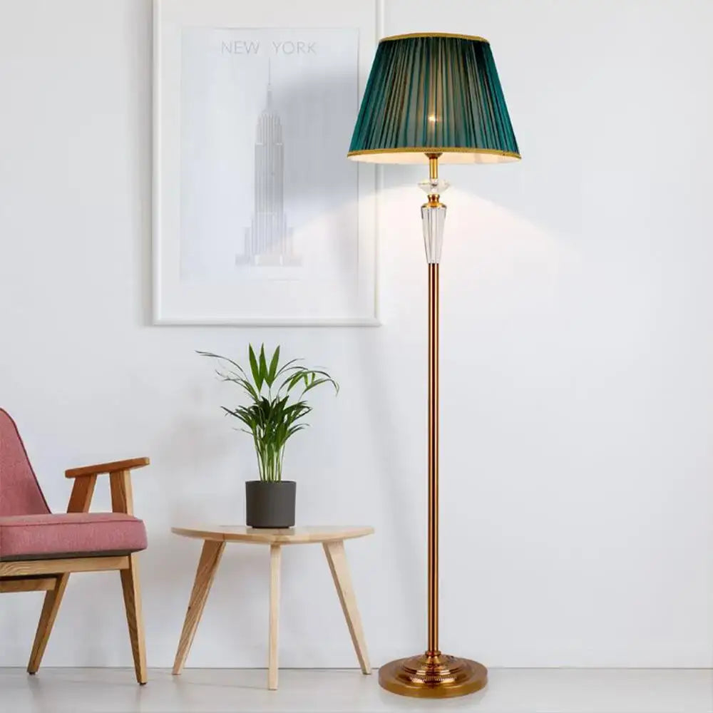 Elegant retro emerald green and gold crystal floor lamp with deep pleated shade and metallic base for bedroom decorbites decor