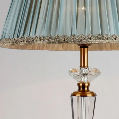 Retro emerald green crystal floor lamp with a light blue pleated shade and ornate gold lace trim for decorbites crystal floor lighting
