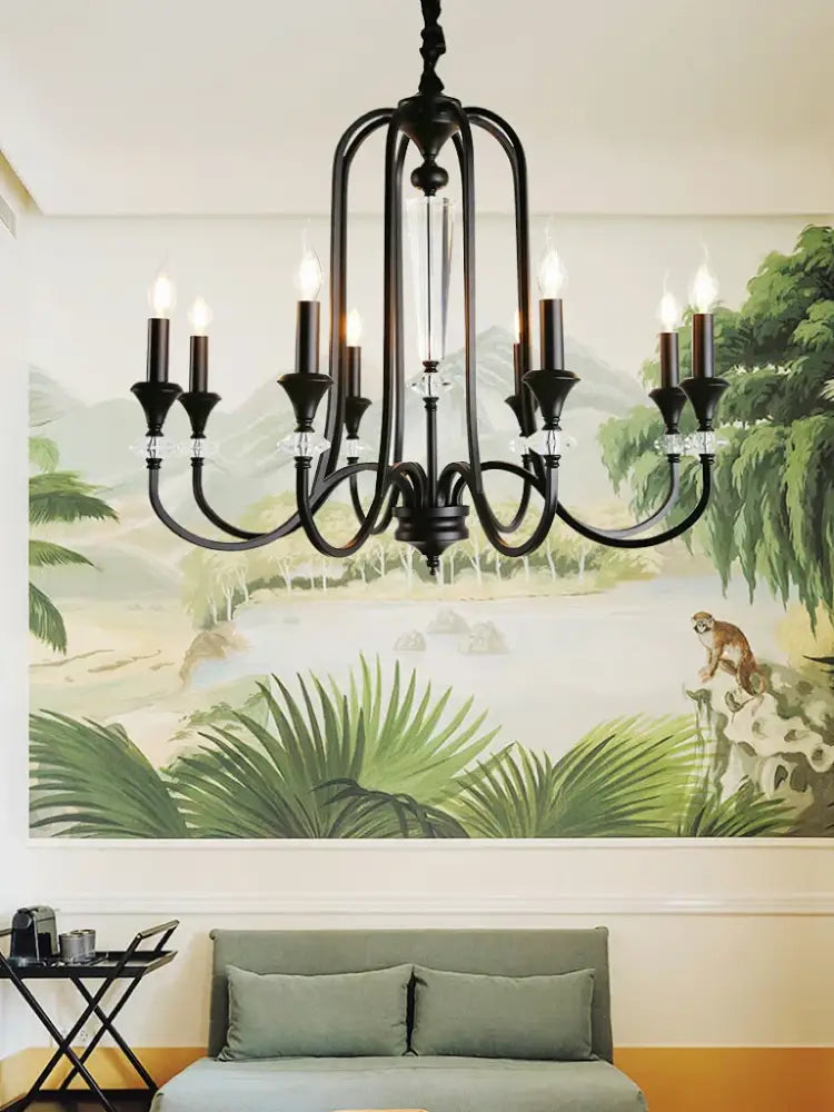 Black wrought iron vintage candle chandelier with crystal accents for dining room decorbites iron vintage light