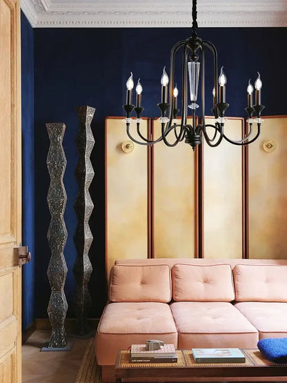Black wrought iron vintage candle chandelier with crystal accents for dining room decorbites iron vintage light