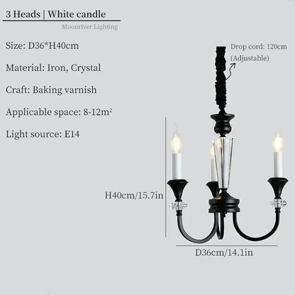 Retro french black iron vintage candle chandelier with crystal accents and three white candle-style lights for dining room decorbites iron vintage