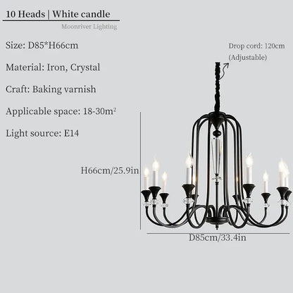 Retro french black iron vintage candle chandelier with crystal accents and ten candle-style light fixtures for dining room decorbites iron vintage