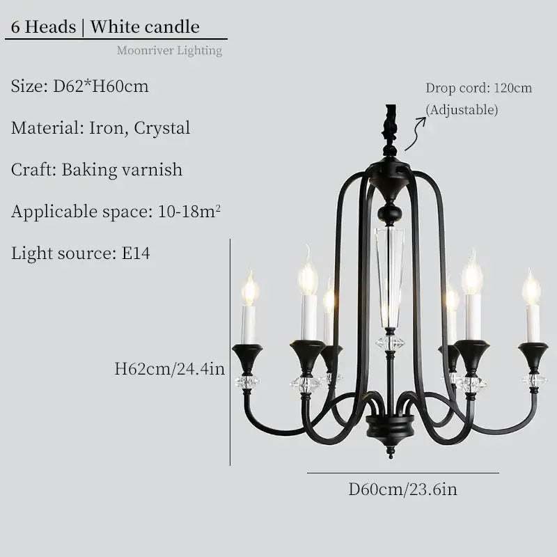 Retro french black iron vintage candle chandelier with crystal accents and six white candle lights for dining room decorbites iron vintage
