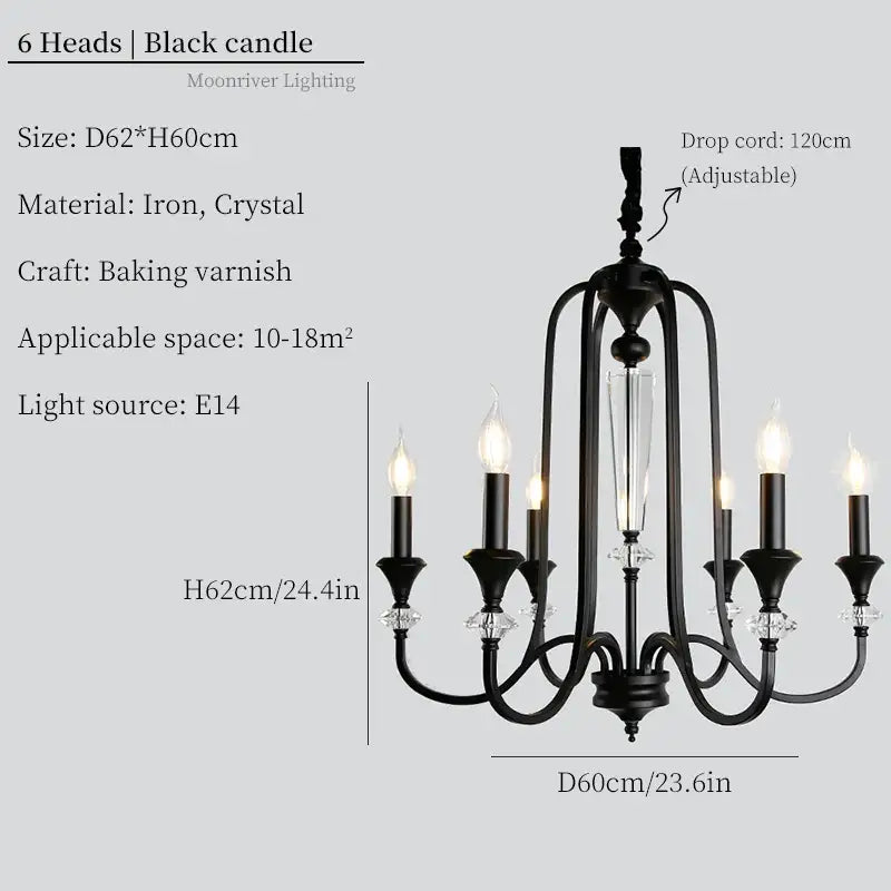 Retro french black iron vintage candle chandelier with six lights and crystal accents for dining room decorbites iron vintage