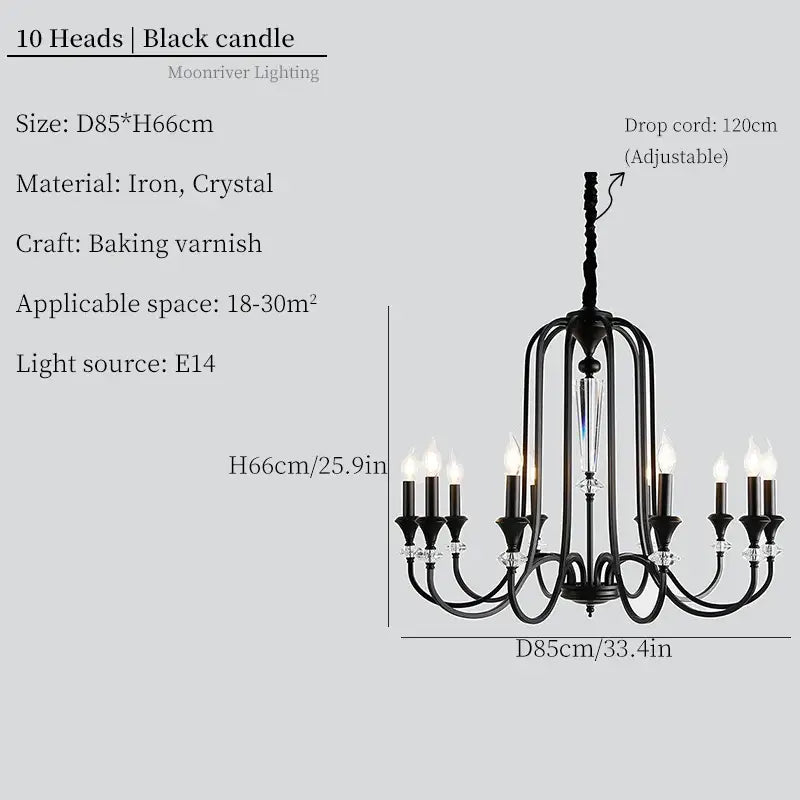 Retro french black iron vintage candle chandelier with crystal accents and ten candle-style light fixtures decorbites iron vintage