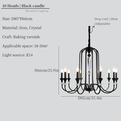 Retro french black iron vintage candle chandelier with crystal accents and ten candle-style light fixtures decorbites iron vintage