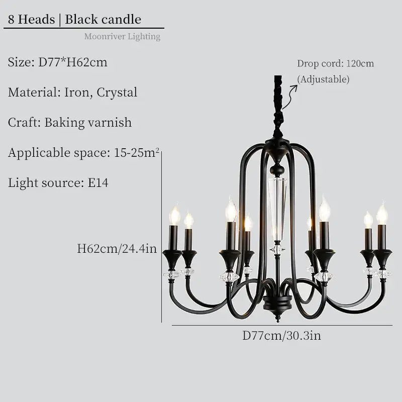 Retro french black iron vintage candle chandelier with crystal accents and eight candle-style lights for dining room decorbites iron vintage