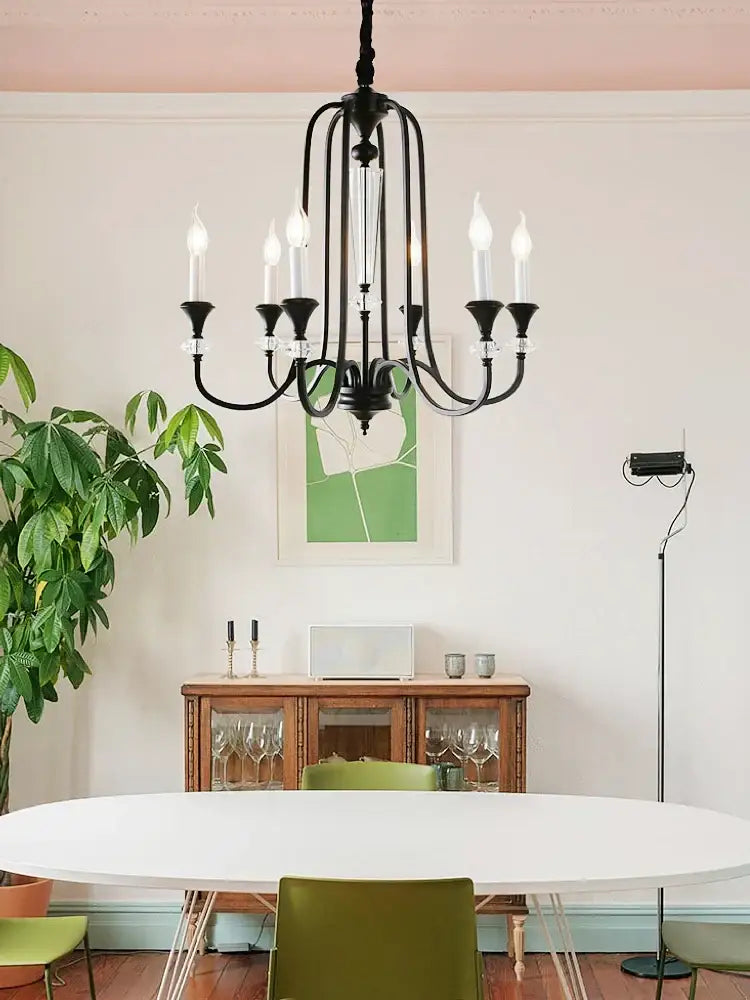 Black wrought iron vintage candle chandelier with clear crystal accents for dining room decorbites iron vintage lighting