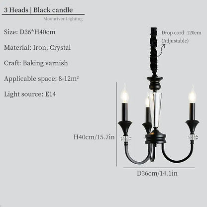 Retro french black iron vintage candle chandelier with crystal accents and three candle style light fixtures for dining room decorbites iron vintage