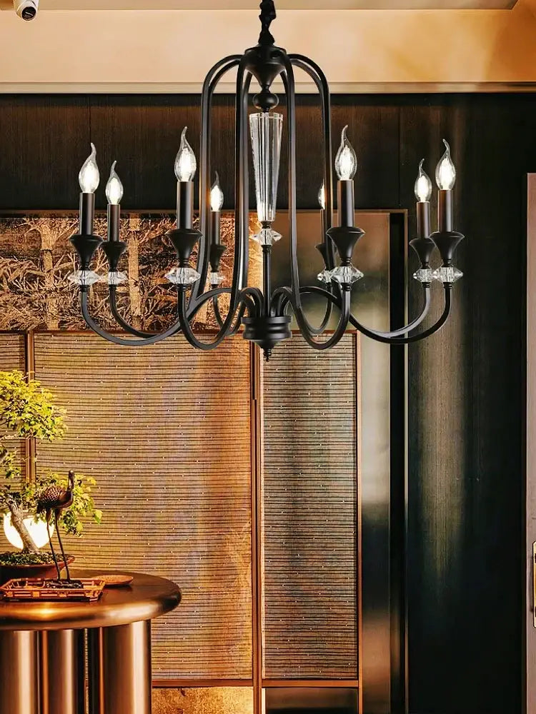 Black wrought iron vintage candle chandelier with crystal accents and candle-style bulbs for dining room decorbites iron vintage