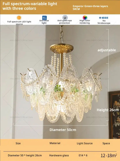 Retro french floral glass dining room chandelier with golden brass frame and green lace patterned glass shades for decorbites glass dining