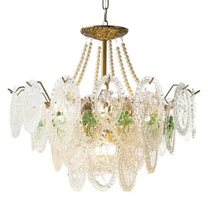 Elegant retro french floral glass dining room chandelier with gold metal accents and green hand-painted motifs for decorbites glass dining
