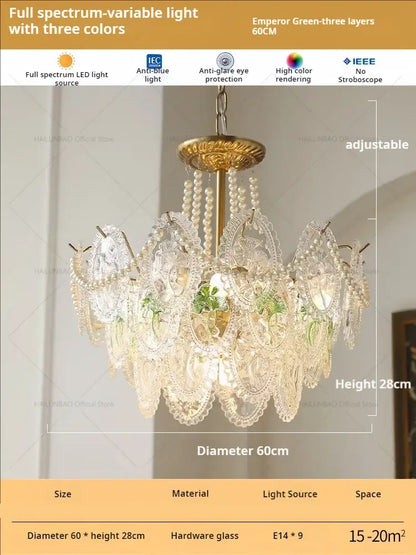Retro French floral glass dining room chandelier with gold and green intricate hardware and pearl beads for decorbites glass dining