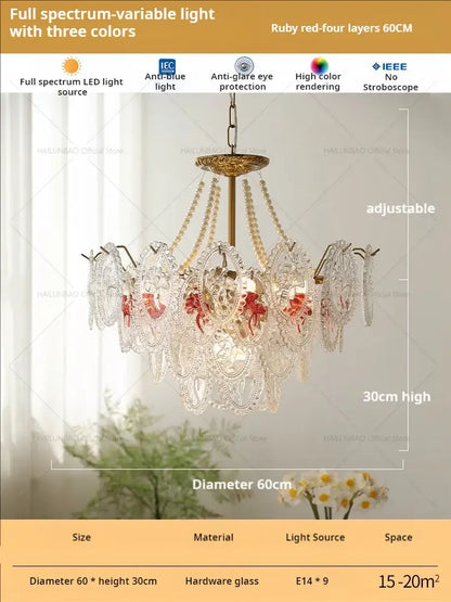 Retro French floral glass dining room chandelier with brass frame red goldfish motifs and crystal beads for glass dining room decorbites