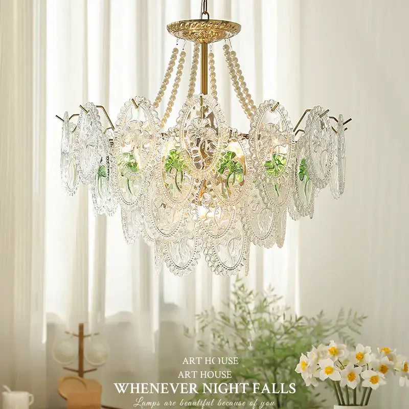 Elegant retro french floral glass dining room chandelier with gold and green lace-like glass panels for decorbites glass dining