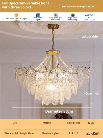 Elegant retro french floral glass dining room chandelier with gold metal frame and cascading clear frosted glass decorbites glass dining