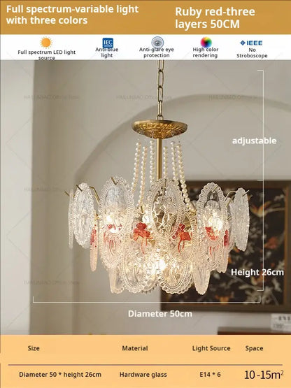 Retro French floral glass dining room chandelier with brass frame and ruby red stained glass for decorbites glass dining