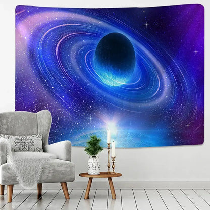 Retro galaxy sky blue planet tapestry featuring a vibrant cosmic nebula with swirling rings for decorbites galaxy sky decor