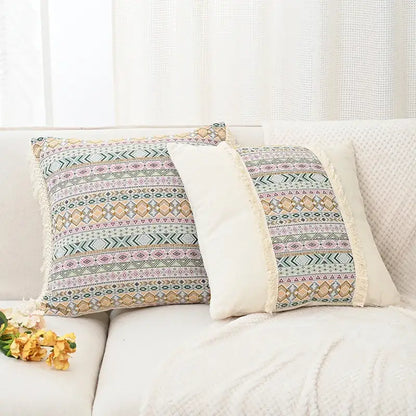Rectangular retro geometric beige cushion cover with earthy pastel pattern and decorbites handmade tassel fringe edges