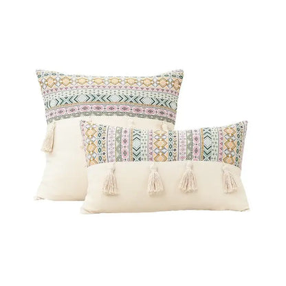 Cream-colored retro geometric cushion cover with intricate embroidery and decorbites handmade tassel for living room decor