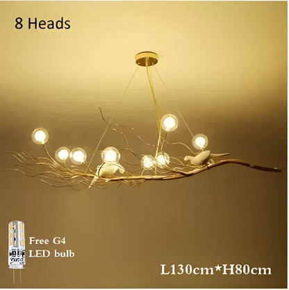 Retro gold bird nest led chandelier with eight glowing bulbs and white bird figurines for dining room decorbites bird nest