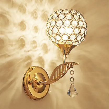 Retro gold crystal wall sconce with spherical globe and faceted pendant for elegant living room decorbites crystal wall