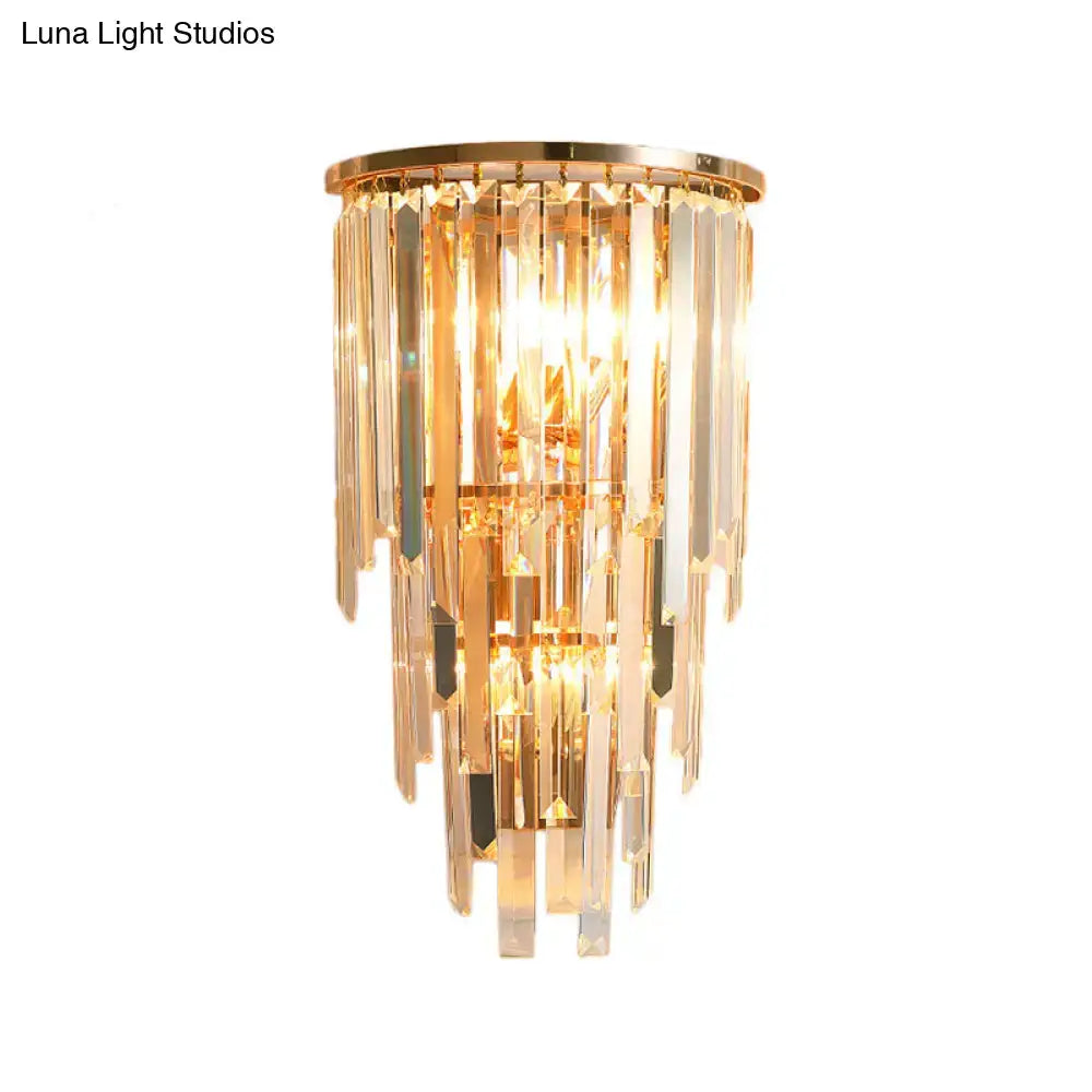 Retro gold direct wired electric wall mounted sconce with three lights and cascading crystal prisms for hallways