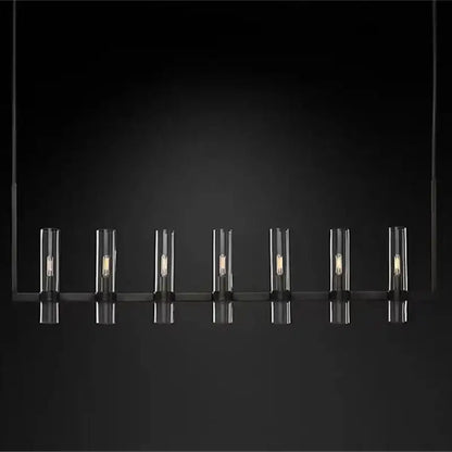 Modern black metal glass chandelier pendant with six clear glass cylinders and warm led bulbs for dining room lighting