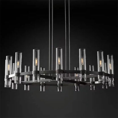 Modern black metal glass chandelier pendant with clear glass tubes and exposed filament bulbs for dining room lighting
