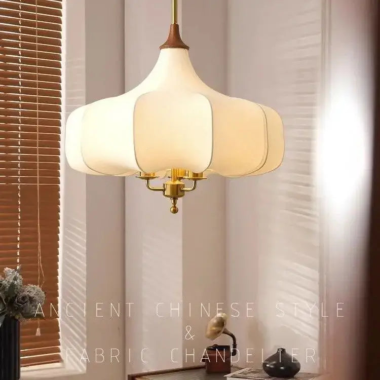 Cream fabric pendant lights with brass frame and wooden accent for bedroom decorbites gold lustre retro style decor