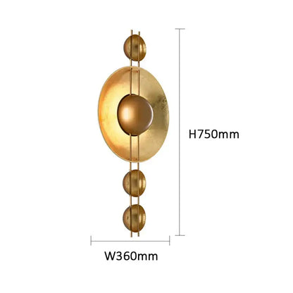 Retro gold round villa wall lamp with gold-toned abstract circular disc and vertical rods for bedroom decorbites gold round