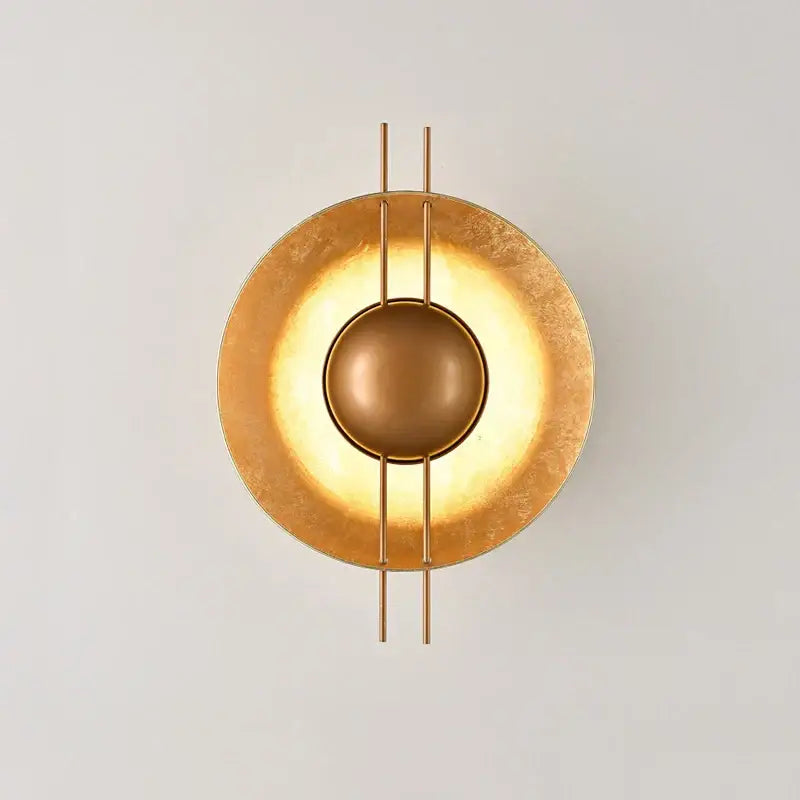 Retro gold round villa wall lamp featuring a gold-toned circular design with central sphere and vertical rods for bedroom decorbites wall lamp