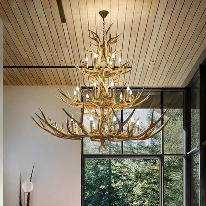 Retro golden brown antler led chandelier with multiple tiers and candle-style bulbs for dining room lighting