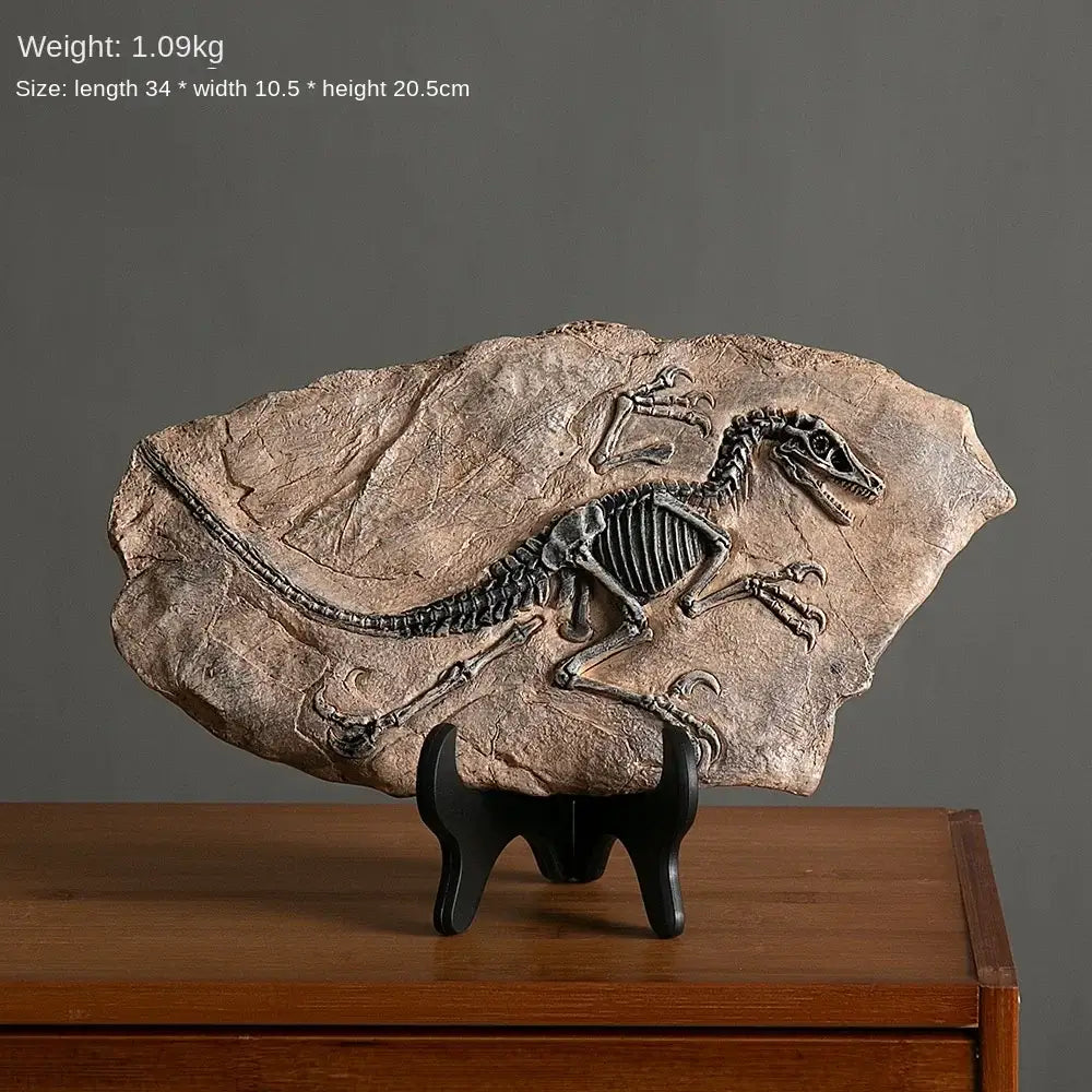 Retro gray and beige dino fossil animal statue featuring detailed dark gray fossil replica in textured beige rock slab for decor