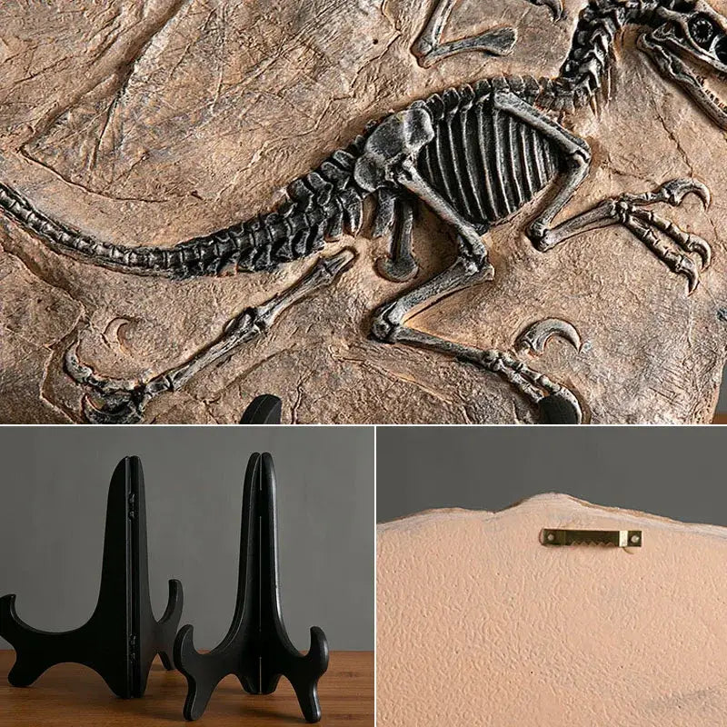 Detailed dark gray dinosaur fossil figurine embedded in beige stone slab with metal bracket for living room decor