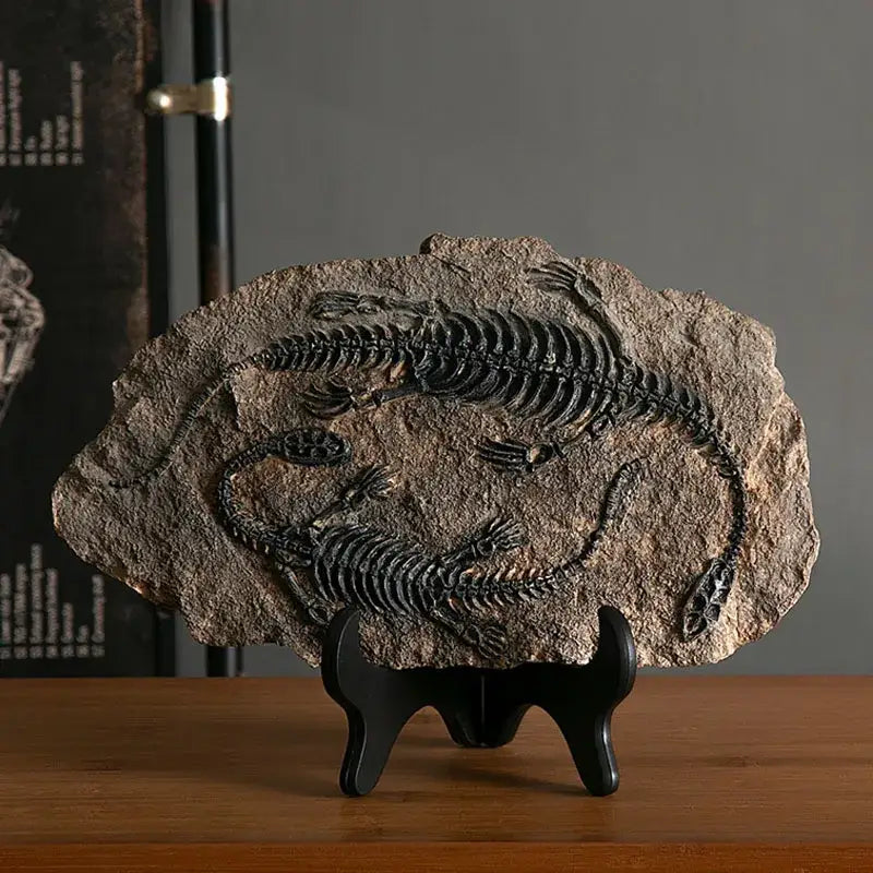 Retro gray and brown dinosaur fossil figurine featuring a detailed black fossilized skeleton in textured rock decor