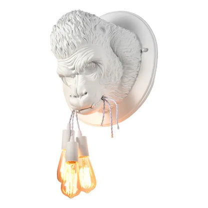 White monkey head decorbites gorilla resin wall lamp with three amber filament bulbs for bedroom lighting