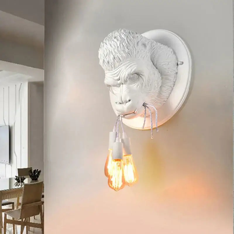White monkey head decorbites gorilla resin wall lamp with three exposed filament bulbs for bedroom lighting