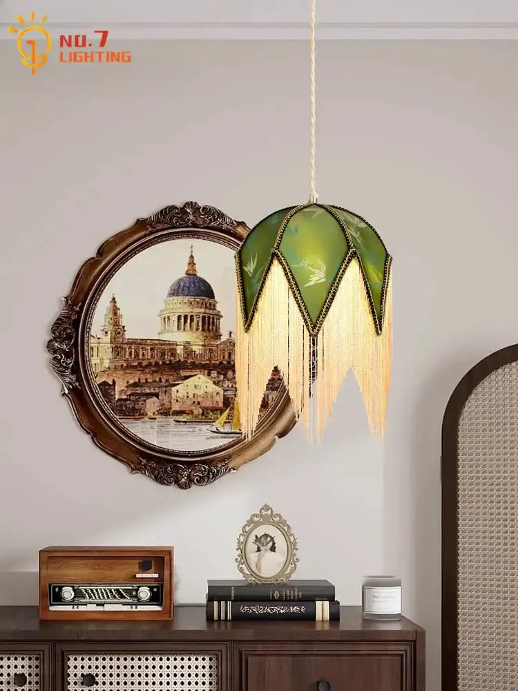 Retro green and gold copper tassel pendant lights with green leaf-shaped cream fringe decorbites copper tassel pendant