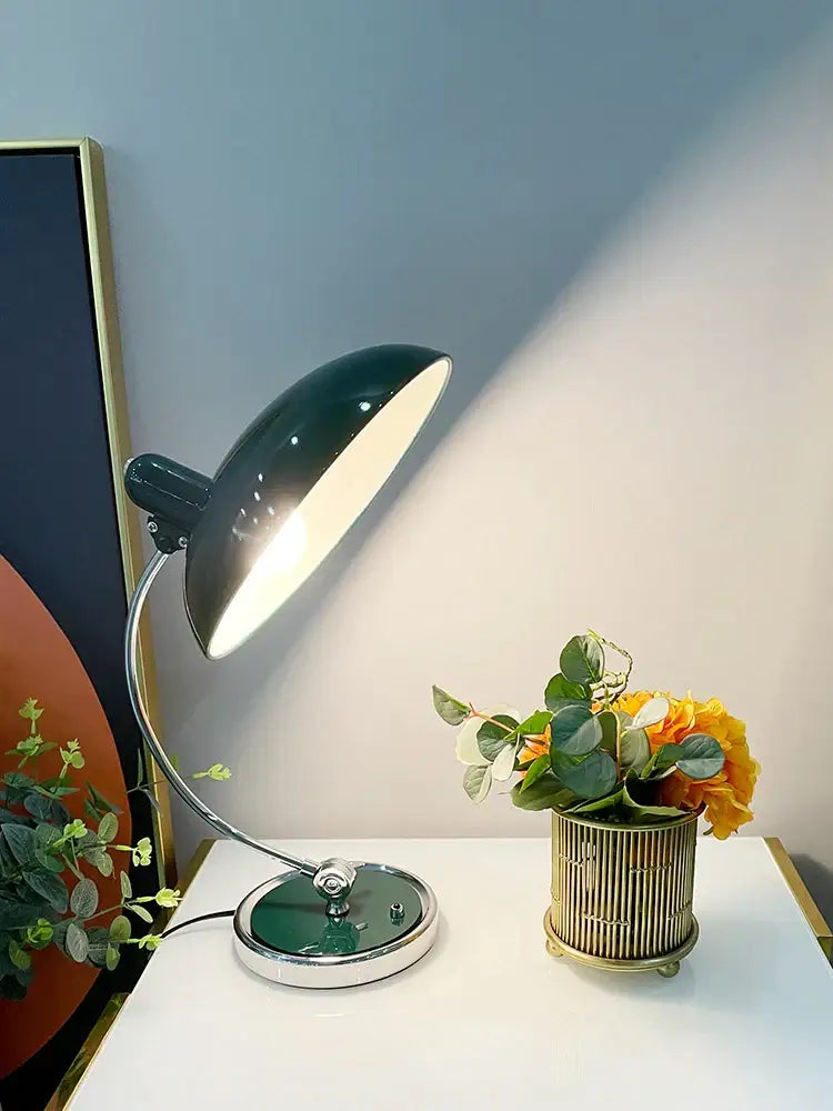 Retro green enamel engraving table lamp with dark green metal shade and chrome arm for office or bedroom use