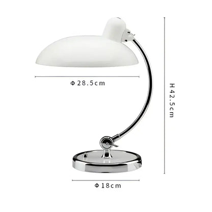 White enamel table lamp with curved chrome arm and circular base suitable as an engraving table lamp for office or bedroom