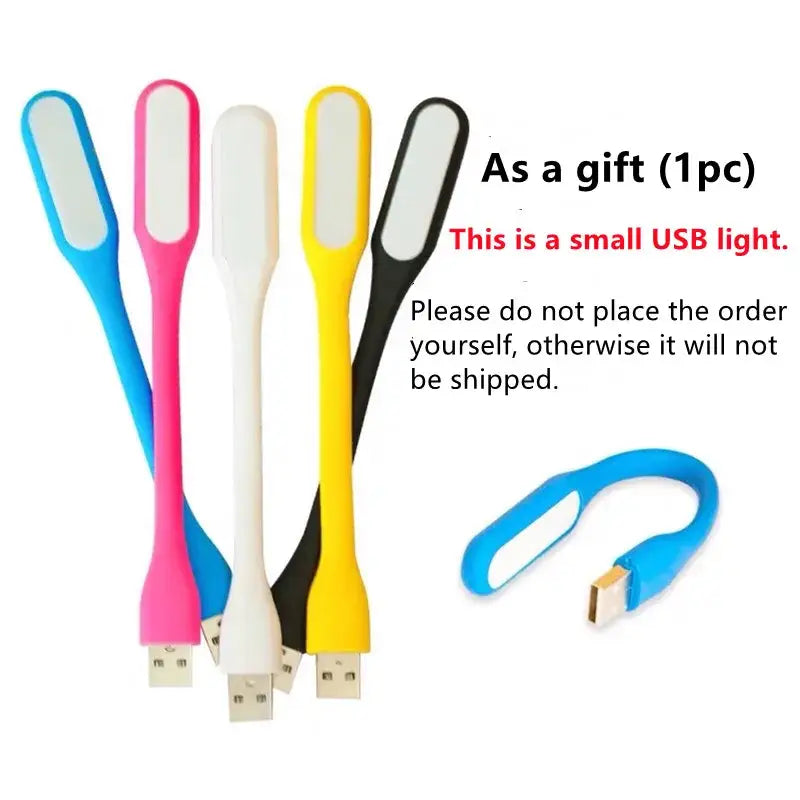 A set of colorful flexible usb led reading lights in blue pink white yellow and black complementing decorbites crystal chandelier