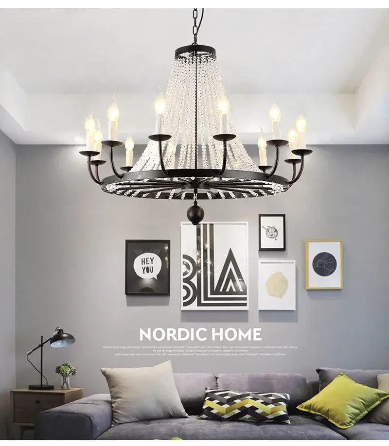 Black wrought iron decorbites crystal chandelier with cascading clear droplets and candle-style bulbs for dining room