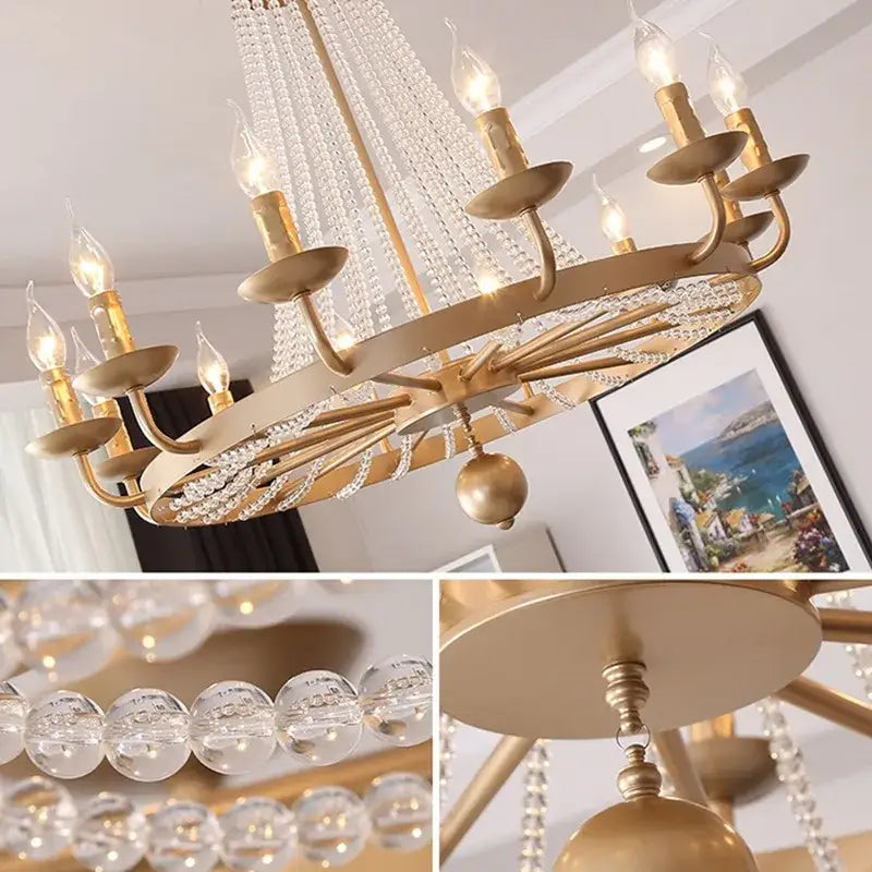 Gold-toned decorbites crystal chandelier with multiple candle-style bulbs and cascading clear crystal beads for dining room