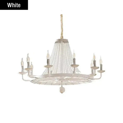 White decorbites crystal chandelier with crystal droplets and candle-style bulbs for dining room lighting